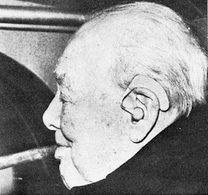 Figure 1.  England's Sir Winston Churchill has added a new trademark to his famed stogie, a light-weight, over-the-ear hearing aid.