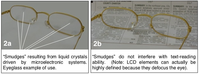 Figure 2. An example of eyeglasses, used for visual stimulation, but with liquid crystals at different locations on the lenses that respond to, and transmit information from another sense.