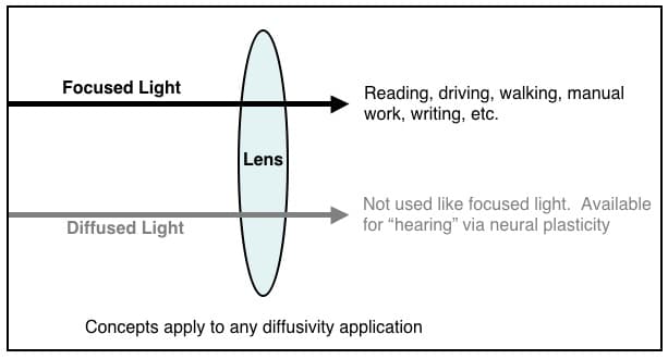 Figure 1. Using a lens as an example, focused light is the primary image passed through the lens. Diffused light also passes through the lens, but could be used for “hearing,” via neural plasticity, or for any of the other senses.