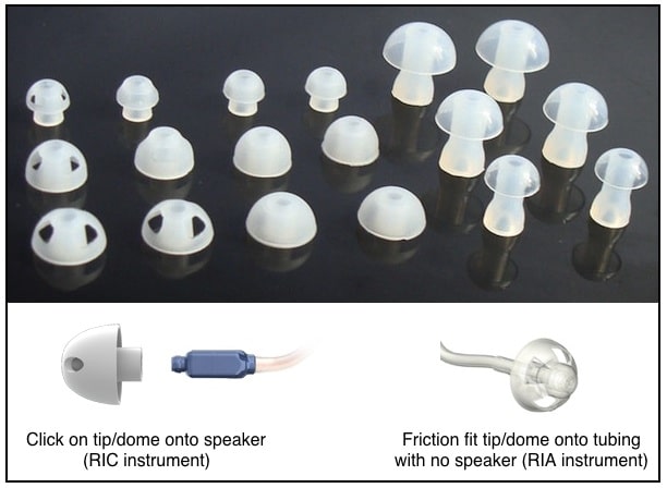 Figure 6. A sampling of stock fitting tips/domes used with RIC and RIA configured hearing aids. Some have a “click” fit (primarily with RIC units), and others, especially RIA hearing aids, have a friction fit, slide-on tip/dome.