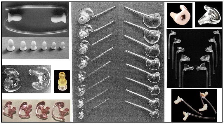 Figure 1. A sampling of stock hearing aid coupling devices to the ear. These ordinarily are available in a same configuration, but in a variety of sizes to fit different size ears.