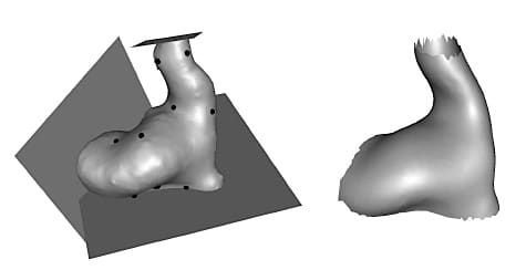 Figure 3.  The left image is an example of a surface representation of an ear canal with anatomical landmarks and the planes that separate the valid from the invalid areas.  The image on the right is an example of the average model shape from the mesh templates.