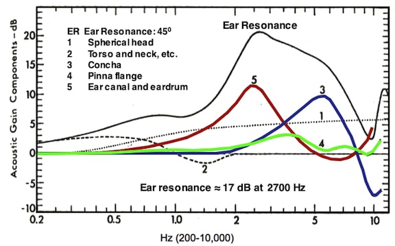 Figure 1. Components used in ear resonance. Ear resonance is the combination of the spherical head, torso and neck, concha, pinna flange, the ear canal, and the eardrum. Real-ear measurements place the ear resonance at approximately 17 dB and about 2700 Hz.