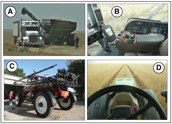 Figure 7. Modern day farm equipment used at one time or another on a wheat crop. A is a grain cart being unloaded to a semi truck and trailer. B shows the controls of a tractor. C is a self-propelled sprayer for weed control (extends to 100 feet), and D is illustrative of the straight-line impact of self-steering (hands free) farm equipment controlled by GPS. Combines, tractors, sprayers, and even some pulled implements are available with GPS control.