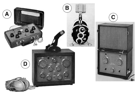 Figure 16. Otometry test equipment. (A) Metricon Decibel Meter. This can be set to specific standard frequency responses to approximate hearing instrument specifications later to be applied. Some free-field measurement could be made to test user reaction. (B) Later Decibel Meter or otometric standard hearing instrument. Instrument could be present by dial to have specifiable properties. Selection of definable properties enables free-field measurement to obtain “flat” comfortable loudness pressures for ears being evaluated. (C) Otomet free-field signal generator. This instrument delivers a damped wavetrain signal at a distance of 28 inches from the front. Aided or unaided hearing evaluation may be performed over the comfortable loudness pressure range. (D) Equaton Sound Pressure Comparator. This unit allowed testing of all otometry functions. It included a speaker and/or circumaural earphones.