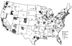Fig 1.  Patents per capita in US metropolitan areas (map 1, Moretti, 2013)