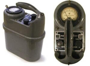 Figure 4.  The Model 247 was designed as a more rugged, waterproof version of Victoreen’s first ion chamber survey meter, the “little black suitcase.”  It was developed and produced in large quantities during World War II as part of the highly secret  Operation Peppermint.  http://www.orau.org/ptp/collection/surveymeters/vic247a.htm 