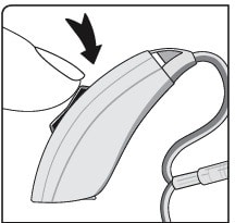 Figure 2. Each momentary press and release of the rocker switch increases or decreases the loudness of amplification. Pressing and holding down the rocker switch for longer specified times, activates listening mode settings.