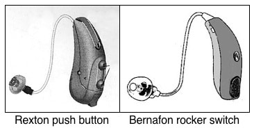 Figure 5. Common option manual volume control overrides include push buttons (left) and rocker switches (right). These generally allow the control to be used either as a volume control, or as an environmental listening option selection, but not both.