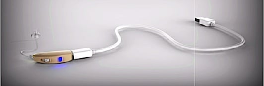 Figure 1. One of IMH's Patent Pending Hearing aids containing a lithium polymer battery charged with familiar micro USB connection.  EZChargeTM products.