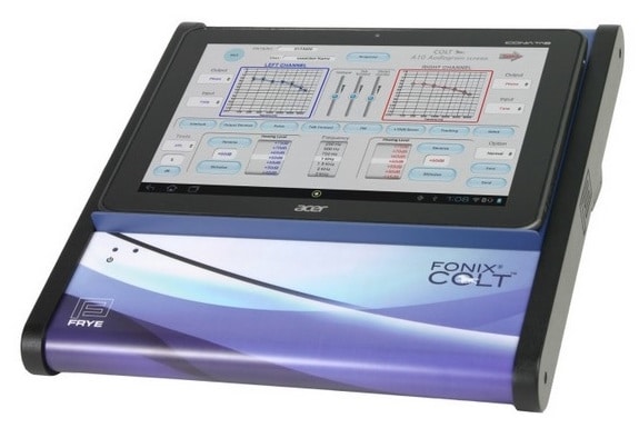 Figure 6.  The Colt touch screen audiometer by Frye Electronics (U.S.), based on the Android tablet.  The tablet is removable.