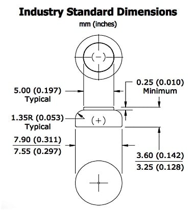 Figure 1. Industry standard dimensions (mm and inches) for a size 312 hearing aid cell. It is identified by its maximum width, which is rounded to 0.312 inches.