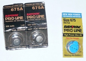 Figure 1. Packages of sample 675 size zinc-air cells provided to hearing aid manufacturers to promote these new products. Manufacturers included such samples in the hearing aid package to the client. Note: “Not for resale.”