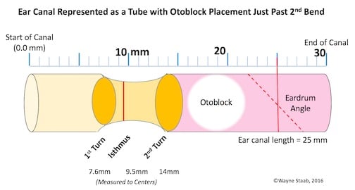 Figure 2. Average dimensional characteristics of an ear canal (elongated for illustrative purposes, except for the isthmus, where it narrows), first bend, isthmus, second bend, showing that the placement of an otoblock a “short” distance after the second bend, places the otoblock in close proximity to making contact with the tympanic membrane (TM), and in shorter ear canals, in direct contact with the TM.