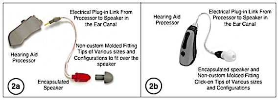 Figure 1. 1a) Original PAC (post-auricular canal) hearing aid shown separated into its component parts: hearing aid processor, link with speaker (receiver) attached, and size-selectable fitting tip. 1b) Current design shown (not separated as in 1a), although it separates into the separate parts also. This design innovation is now commonly referred to as a RIC (receiver-in-the-canal) hearing aid. Closed or open fitting tips can be used.