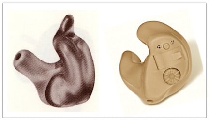Figure 1.  Ear impressions are used to fabricate earmolds for many hearing aids, as in those shown here for a behind-the-ear (BTE) and custom-molded in-the-ear (ITE) on the right.