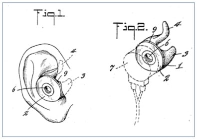 Figure 4.  Hugo Lieber patent of “stock” hearing aid earmolds, made of flexible material (such as soft rubber) that may yield somewhat and thereby adapt to the individual ear, and to reduce the number required to three