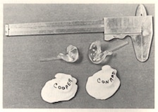 Figure 4. The photo shows the original ear impressions and finished earmolds for U.S. astronauts Gordon Cooper and Pete Conrad as used on their Gemini space flight. Five earmolds each were made for the two astronauts and their backup crew, Neil Armstrong and Elliott See6.