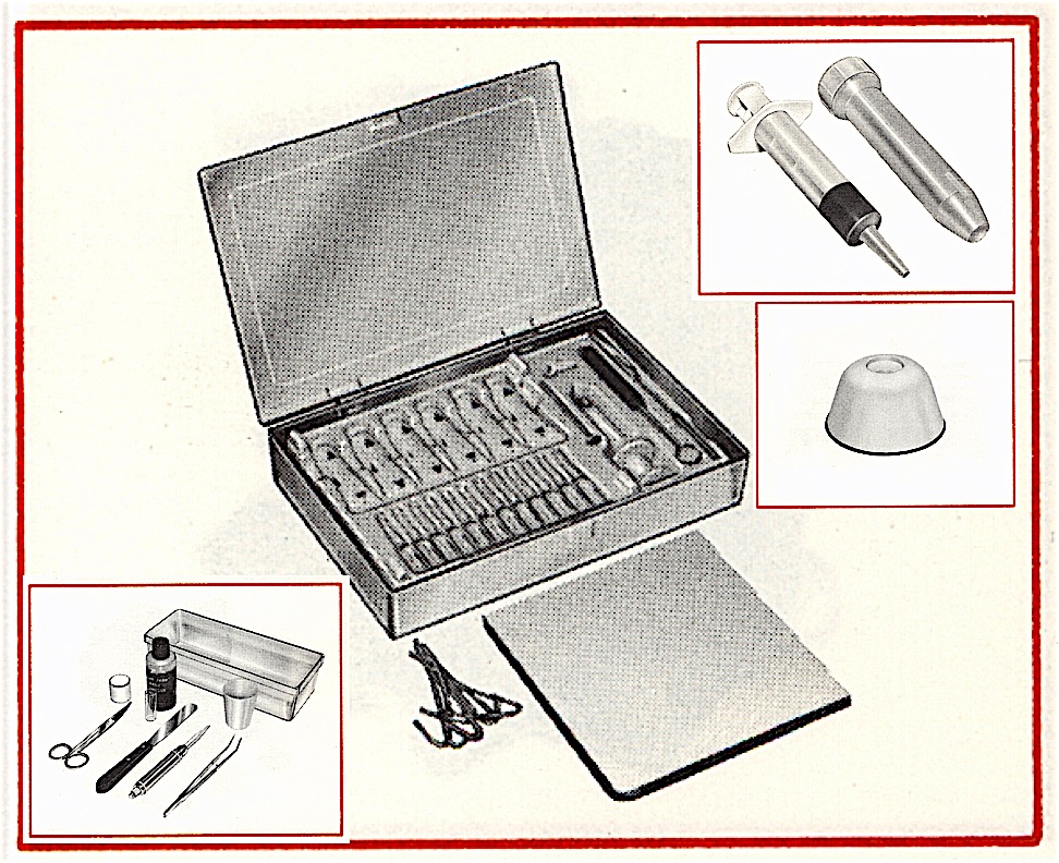 Figure 1.  The instant earmold kit designed by Zenith following its introduction by Frisch and Blanchard.  It contains pre-measured tubes of Silastic® Brand Earmold Polymer, sealed glass ampules of pre-measured liquid catalysts, syringe, and syringe cleaning brush, mixing spatula, mixing pad, and core drill.  After removal, the earmold is trimmed of excess material, and a hole is hand drilled for the eventual tubing.  The edges are smoothed with an emery board or small hand grinder. The sound tube is then inserted into the drilled hole. (Image modified by Staab from Zenith Earmold Catalog, undated4).