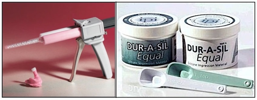 Figure 2. Viscosity comparisons of two forms of impression material administration. For deeper ear impressions or those administered using a gun, the viscosity is lower (left image), but higher for those requiring hand mixing (right image).