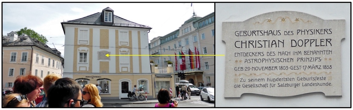 Figure 1.  Birthplace of Christian Doppler in Salzburg, Austria, a physicist best known for the Doppler Effect.  The Doppler effect explains the difference in sound perceived by an observer when there is movement between the observer and the source.  As an example, how the siren of an emergency vehicle changes in pitch as it approaches and then passes by.